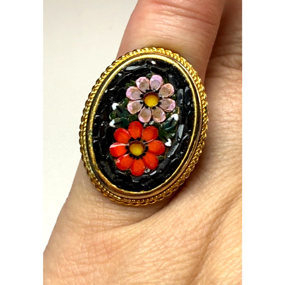 Vintage Oversized Micro Mosaic Gold Tone Adjustable Ring Black Red Orange Floral - Picture 1 of 5